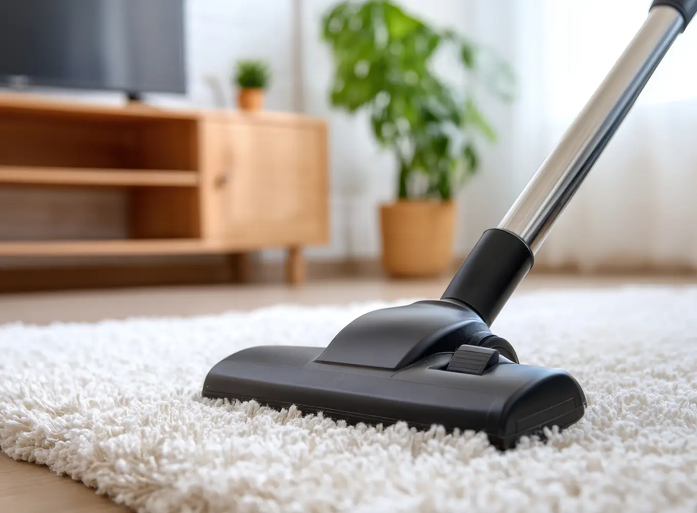vacuuming a carpet rug as part of standard cleaning package